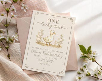 Plantilla de invitación para baby shower "El patito": Diseño vintage neutro (Descarga digital)