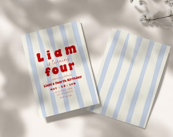 Retro Blue Stripes Fourth Birthday Invitation (Digital Download)