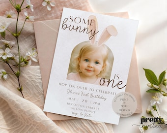 Some Bunny Is One Photo Invitation Editable Bunny First Birthday Invite Girl Birthday Template Canva Somebunny Is One Printable Digital