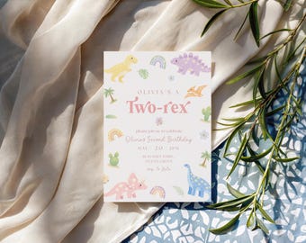 Two Rex Dinosaur Birthday Invitation Editable Floral Dinosaur Second Birthday Invite Pastel Dino Party Girl Birthday Canva Template 5x7