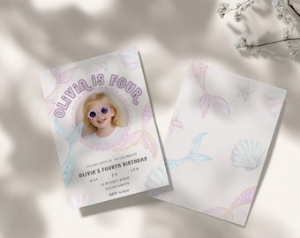 Mermaid Birthday Invitation Template Editable Girl Mermaid Party Invite Under the Sea Birthday  Photo 4th Birthday Invite Pastel Ocean