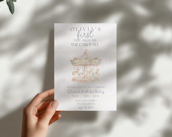 Invitación de primer cumpleaños con diseño de carrusel vintage en tonos pastel (descarga digital)