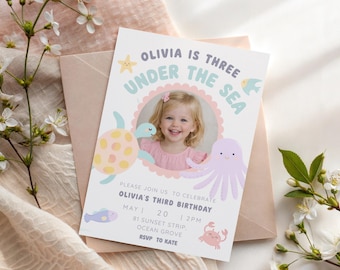 Under The Sea Third Birthday Invitation Template Editable Photo Birthday Invite Pastel Ocean Birthday Party Invite Girl 3rd Birthday