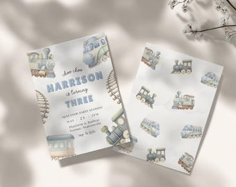 Watercolor Train Birthday Invitation • 3rd Birthday, Canva Template (Digital Download)