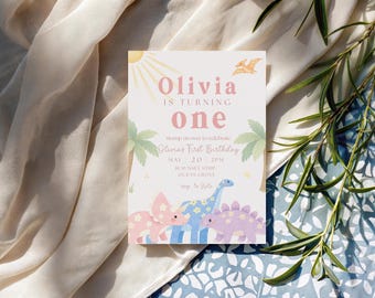 Dinosaur First Birthday Invitation Girl Dinosaur Birthday Invite Editable Dinosaur Party Invite One Rex Birthday Invitation Pastel Dino