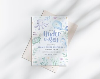 Invitación de cumpleaños bajo el mar, animales marinos, plantilla Canva (descarga digital)