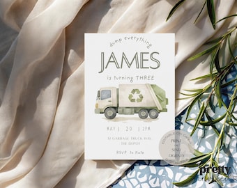 Garbage Truck Birthday Invitation Dump Everything Party Invite Minimalist Watercolour Trash Truck Editable Printable Boy Birthday