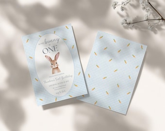Some Bunny Is One First Birthday Invitation Blue Gingham Bunny Birthday Invite Carrot Patch Rabbit First Birthday Party Editable Template