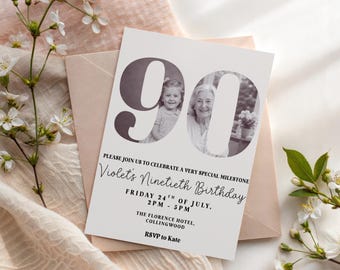 Plantilla elegante de invitación para el 90 cumpleaños con foto. Invitación digital para celebrar este hito.