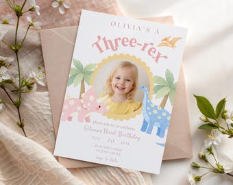 Three Rex Dinosaur Birthday Invitation With Photo Editable Girl Dinosaur Party Invite Pastel Dino Birthday Canva Template Third Birthday