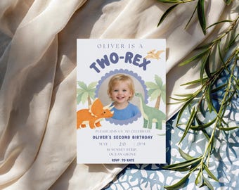 Two Rex Dinosaur Birthday Invitation Template Boy Photo Dino Second Birthday Invite Editable Printable Dinosaur Party Invitation Modern
