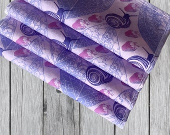 Set of 4 eco-friendly cloth napkins // 8.5" x 8.5" // purple strawberry snail // 100 percent cotton // reusable napkin // modern fabric