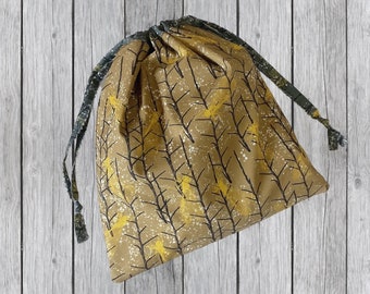 Drawstring Project Bag - winged woods gold - 12" x 11" - 100% cotton