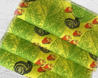 Set of 4 eco-friendly cloth napkins // 8.5" x 8.5" //  strawberry snail - lime // 100 percent cotton // reusable napkin // modern fabric