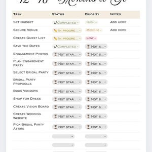 May include: A wedding planning checklist titled "12-18 Months to Go." The beige and white chart lists tasks like "Set Budget" and "Secure Venue," with columns for status, priority, and notes. The top of the chart has the text "12-18 Months to Go."