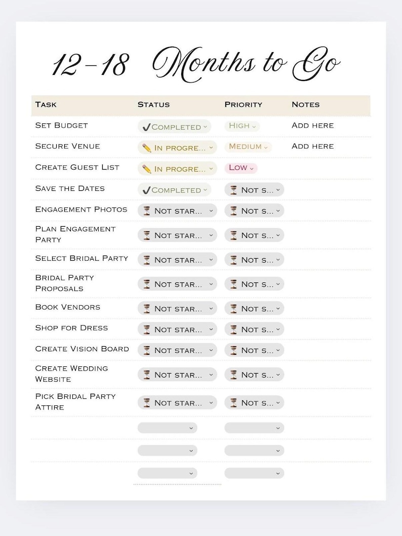 May include: A wedding planning checklist titled "12-18 Months to Go." The beige and white chart lists tasks like "Set Budget" and "Secure Venue," with columns for status, priority, and notes. The top of the chart has the text "12-18 Months to Go."