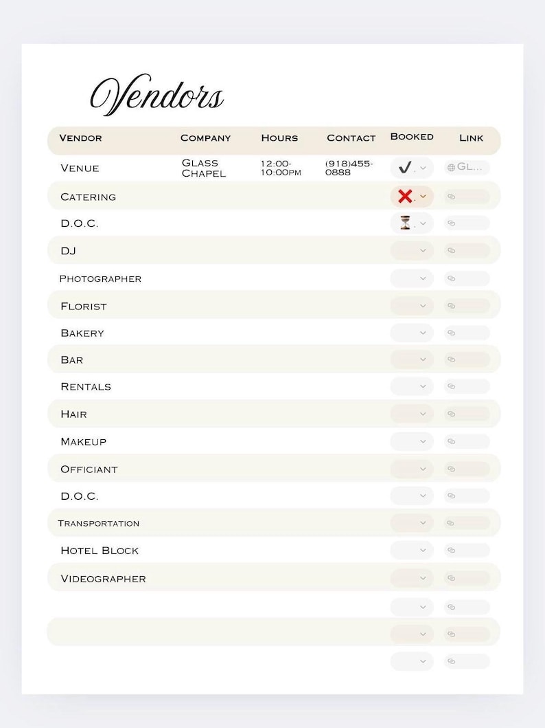 May include: A cream-colored vendor list titled "Vendors" with columns for vendor, company, hours, contact, booked, and link. The list includes venue, catering, D.O.C., DJ, photographer, florist, bakery, bar, rentals, hair, makeup, officiant, transportation, hotel block, and videographer.