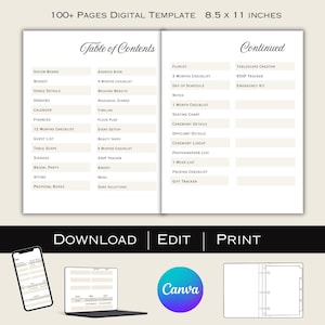 May include: A digital wedding planner template with a cream-colored background. The template includes a table of contents and a "continued" section with various wedding planning checklists and details. The text "100+ PAGES DIGITAL TEMPLATE 8.5 x 11 INCHES" is at the top.