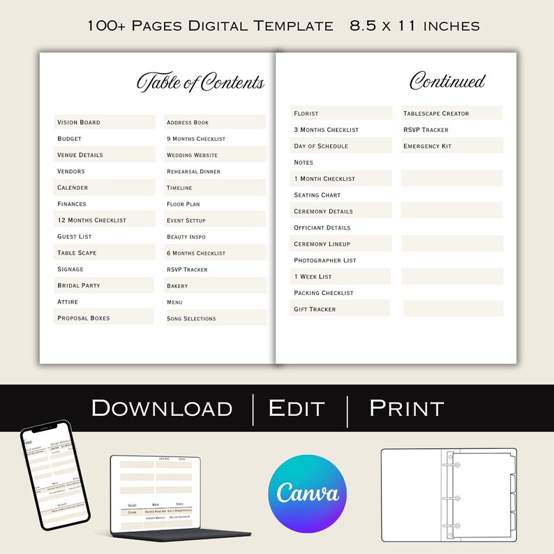 May include: A digital wedding planner template with a cream-colored background. The template includes a table of contents and a "continued" section with various wedding planning checklists and details. The text "100+ PAGES DIGITAL TEMPLATE 8.5 x 11 INCHES" is at the top.