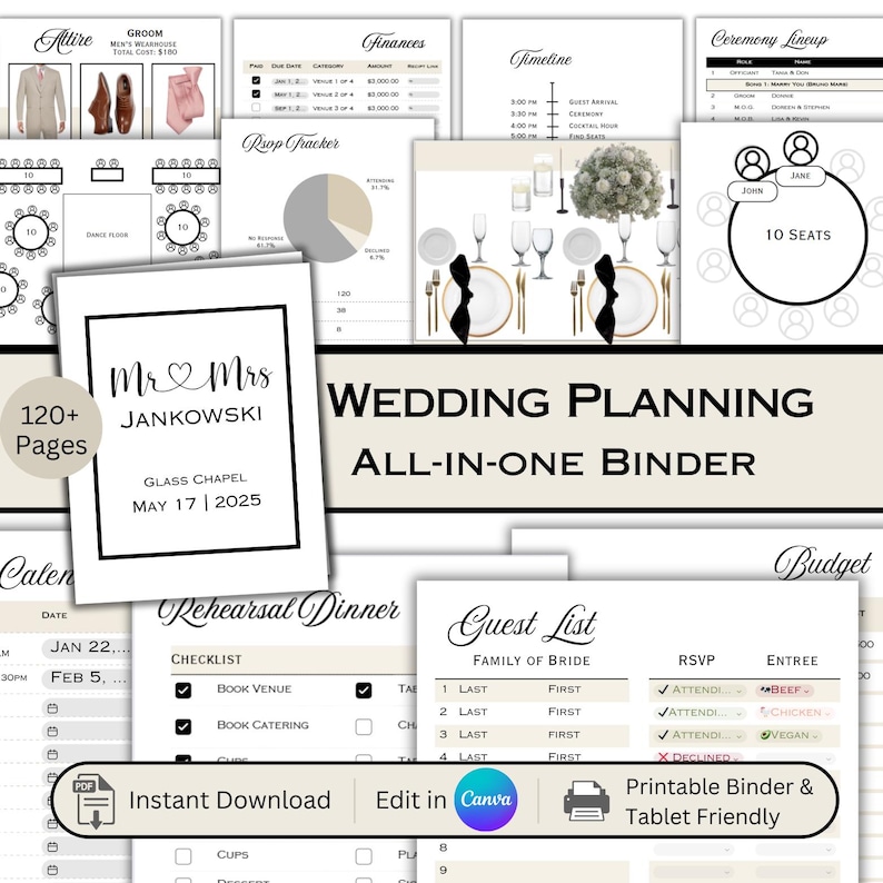 Printable Wedding Planner Template: Spreadsheet tools, Seating Chart, and more (Digital Download) image 1
