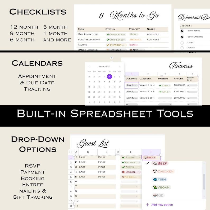 Printable Wedding Planner Template: Spreadsheet tools, Seating Chart, and more (Digital Download) image 5