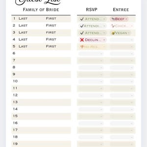May include: A white guest list template with the words "Guest List" in elegant script. The form includes sections for the family of the bride, RSVP, and entree selections. Check marks and X marks indicate RSVP status.