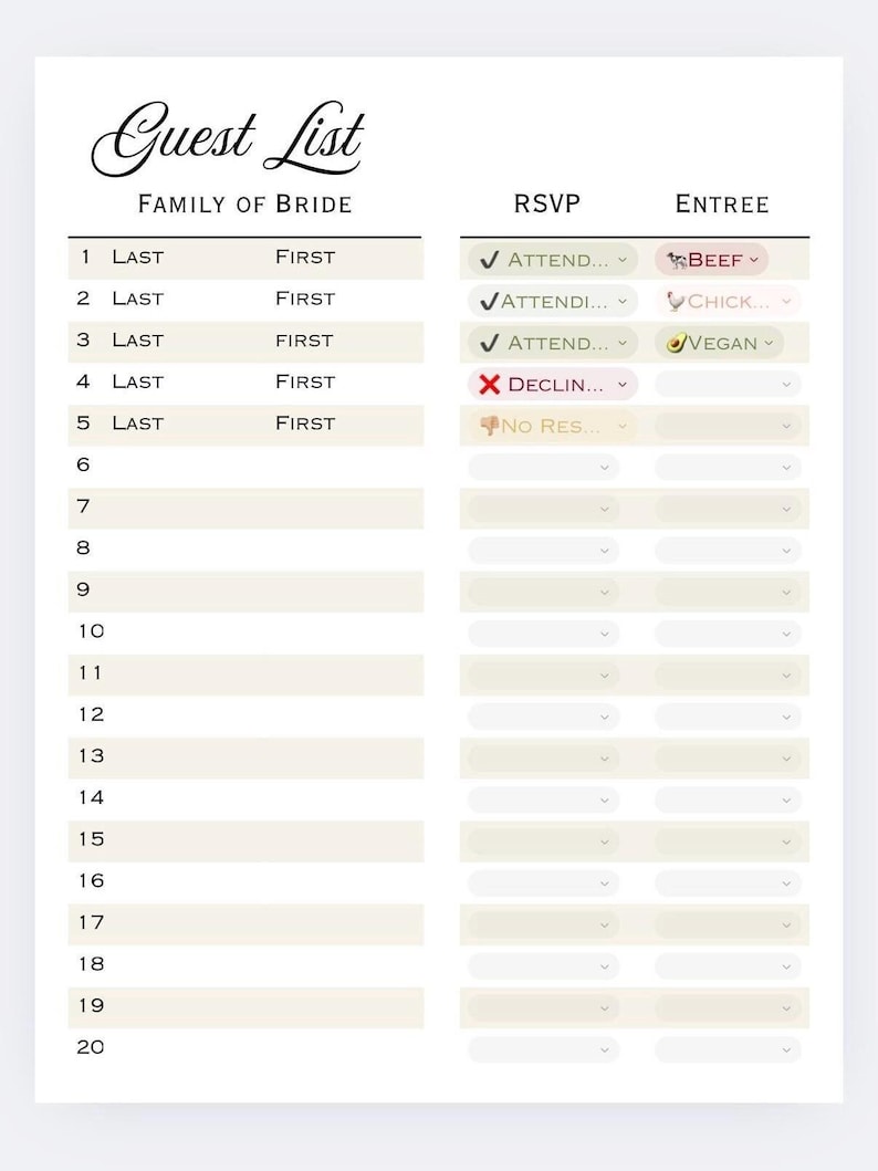 May include: A white guest list template with the words "Guest List" in elegant script. The form includes sections for the family of the bride, RSVP, and entree selections. Check marks and X marks indicate RSVP status.