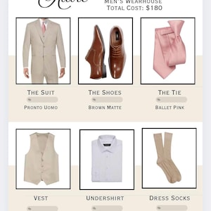 May include: A curated groom's attire ensemble from Men's Wearhouse. The image showcases a tan suit, brown matte shoes, a ballet pink tie, a wool tan vest, a white undershirt, and tan dress socks. The total cost is $180.