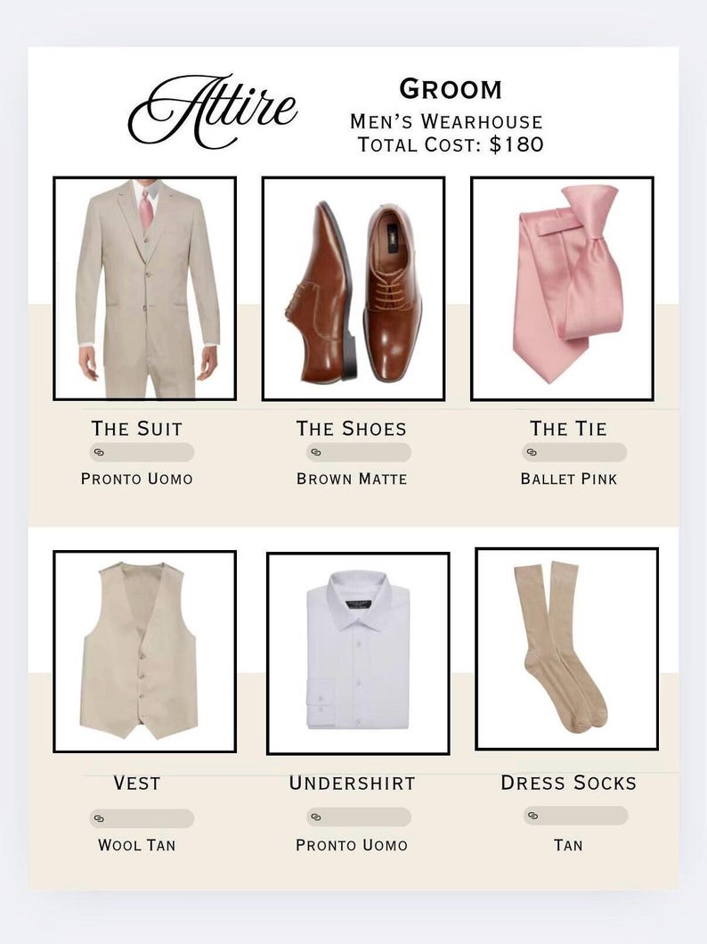 May include: A curated groom's attire ensemble from Men's Wearhouse. The image showcases a tan suit, brown matte shoes, a ballet pink tie, a wool tan vest, a white undershirt, and tan dress socks. The total cost is $180.