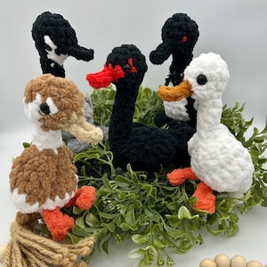 May include: A collection of handmade crochet ducks and swans in various colors. The ducks are brown, white, and black, with orange beaks and feet. The swans are black and white, with red and orange beaks. They are arranged on a bed of green foliage.