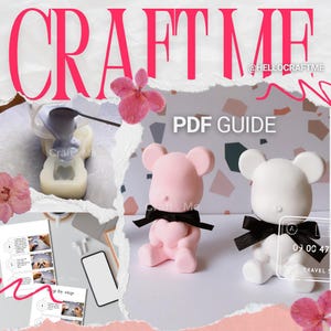 Puede incluir: Imagen de manualidades con osos rosas y blancos con lazos negros. Se muestra el texto "CRAFT ME" y "PDF GUIDE". También incluye un molde, instrucciones paso a paso y un teléfono inteligente.