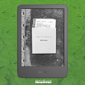 May include: A Kindle e-reader displaying a grayscale image of a book's pages and a library card. The card reads "FROM THE LIBRARY OF Melissa." The e-reader is black with the Kindle logo at the bottom. The background is green.