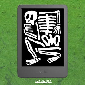May include: A gray Kindle e-reader displays a white skeleton graphic on a black background. The skeleton is holding a book labeled "Kindle." The Kindle is set against a green background. The word "KayNwa" is at the bottom.