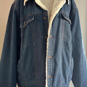 Vintage North 40 Coat Sherpa Lined Denim Trucker Blue Jean Button Up Jacket