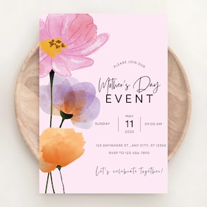 Elegante Party Einladung zum Muttertag - Pink Lila Orange Gelb Blume einladen - Digital Download - Bearbeitbare Einladung - Canva Template 24