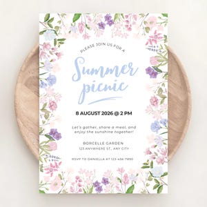 Convite editável para piquenique de verão, modelo de piquenique floral em aquarela 5x7, convite para festa no jardim, cartão de piquenique para impressão, download instantâneo 048