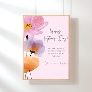 Letrero editable para el Día de la Madre - 45 x 61 cm - Flores rosadas, moradas y amarillas - Invitación floral en acuarela - Plantilla Canva 024