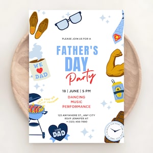 Personalized Superdad BBQ Invitation, Father's Day Invitation, 5x7 Template, No.1 Dad Theme Evite, Blue Tones, Instant Download 032