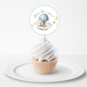 Über den Mond Cupcake Toppers | Blaues Gold-Teddybär-Thema | Baby Shower Party Decor | 2 &#39;&#39; Toppers druckbar | 8,5x11 Digital Download 05