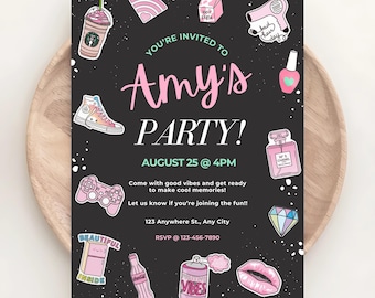 VSCO Girl Birthday Invitation: Black & Pink Tween Party (Canva Template)