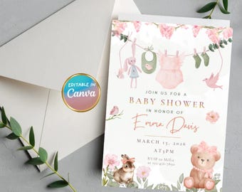 Girl Baby Shower Invitation Pink Baby Shower Invite Pink Floral Boho Baby Editable Canva Template Baby Shower Ideas Pink Gifts Baby Gifts