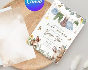 Baby Boy Shower Invite, Gender Neutral, Shower Ideas, Canva Template, Baby Gift, We Can Bearly Wait Custom Invite