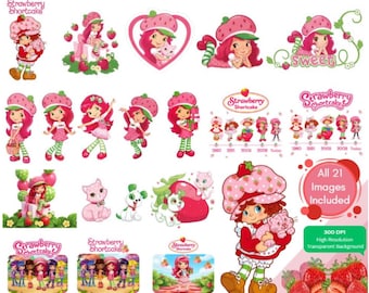 Strawberry Shortcake PNG, Iron on transfer, 21 Images, Pink Gifts, Girl Gift, Birthday Gift Ideas, 80s Cartoon, Pink Theme, Strawberry dtf