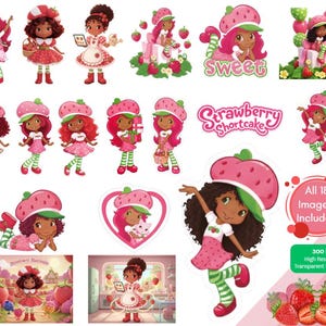 Black Strawberry Shortcake Png, 18 Images, Birthday, Girl Gift, Baby Shower, Personalized Gift, Black Cartoons, Pink Theme, Strawberry SVG