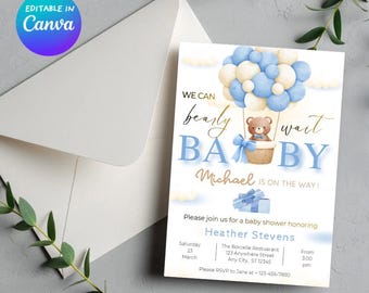 Blue Boho Teddy Bear Baby Shower Invitation (Editable Canva Template)