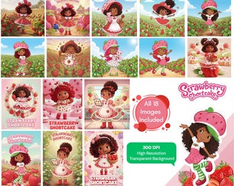 African American Strawberry Shortcake PNG, Iron On Transfer, 18 Images, Instant Download, Birthday Ideas, Cake Toppers, Girl Gift Ideas