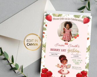 Strawberry Shortcake PNG Birthday Invite, Girl Gift, Canva Template, Personalized Custom Gift Idea, 1980s Cartoon Strawberry SVG
