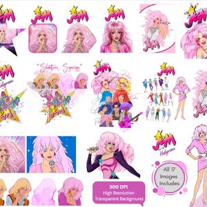 May include: A set of 17 images featuring a cartoon character with pink hair, a microphone, and the text "JEM and the Holograms." The images include various poses and styles, with a star and a pink background. The text "Shantime, Synergy" is also present.