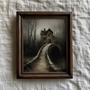 Spooky Forgotten Gatehouse Painting, Vintage Haunted House Halloween Print, Dark Academia Gothic Cottagecore Decor | Digital Download C989