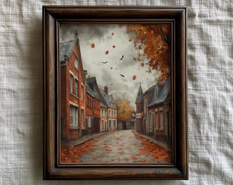 Autumn Town City Landscape Painting, Vintage Lake American Autumn Decor, Moody Art Fall Wall Art, Earthy Rustic Town Wall Art, Digital Print